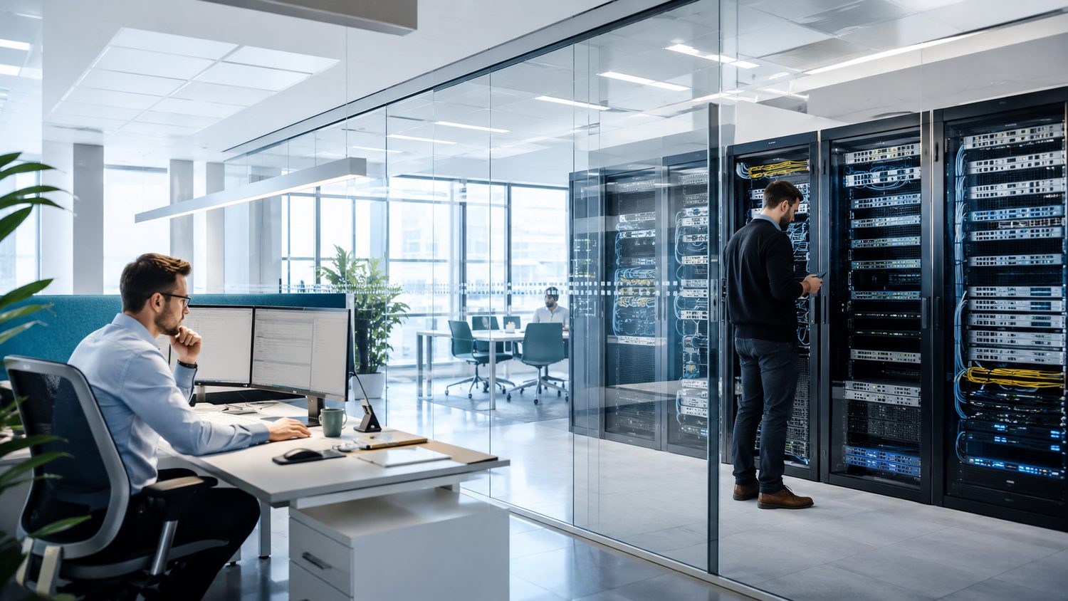 Ambiente reale simulato con uffici moderni e server room integrata per infrastrutture IT aziendali