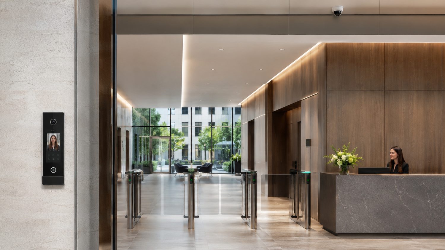 Ambiente reale simulato con reception tecnologica, videocitofonia IP e controllo accessi