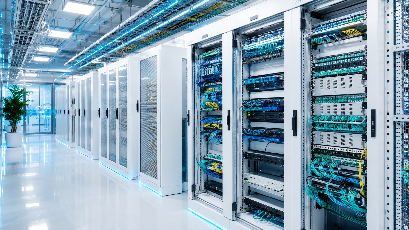 Ambiente reale simulato con rack, cablaggio in fibra e networking aziendale