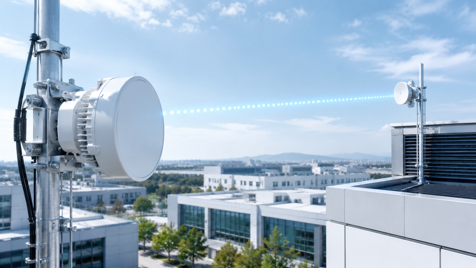 Ambiente reale simulato con collegamento radio professionale tra edifici
