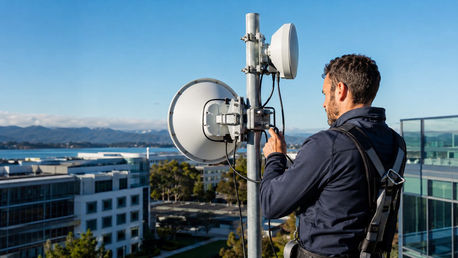 Ambiente reale simulato con infrastruttura wireless professionale e collegamenti radio aziendali